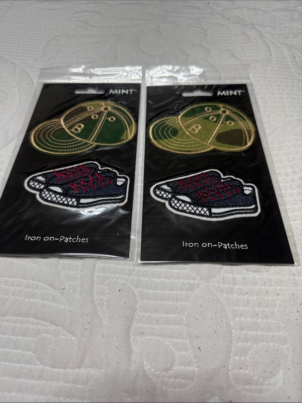 Set of 2 Mint Iron-On Patch Set — Green Cap & Navy Sneaker